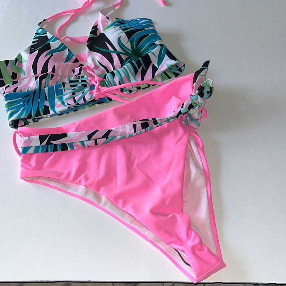 Pink/Blue Shein Palm Print Bikini / Size Small